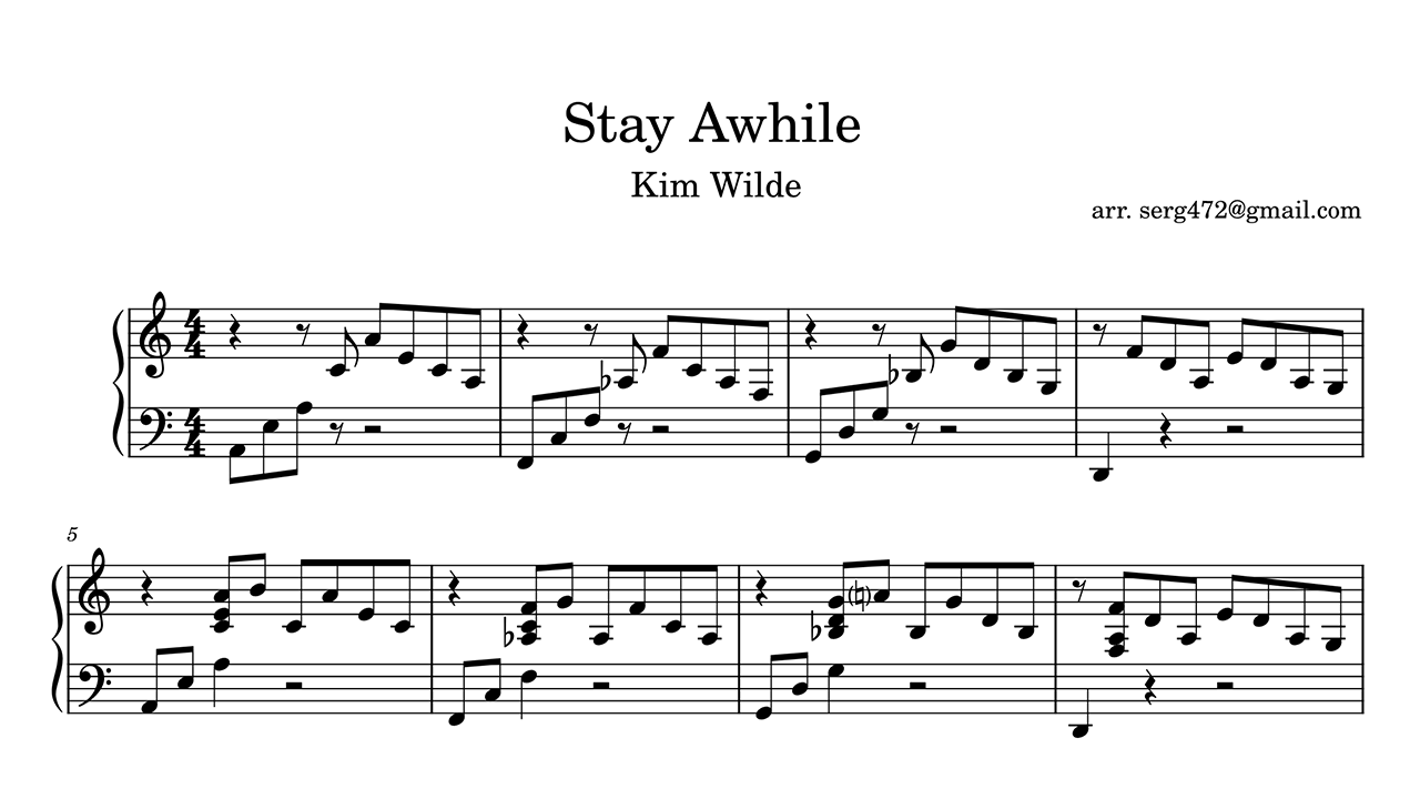 Kim Wilde - Stay Awhile Piano Sheet Music